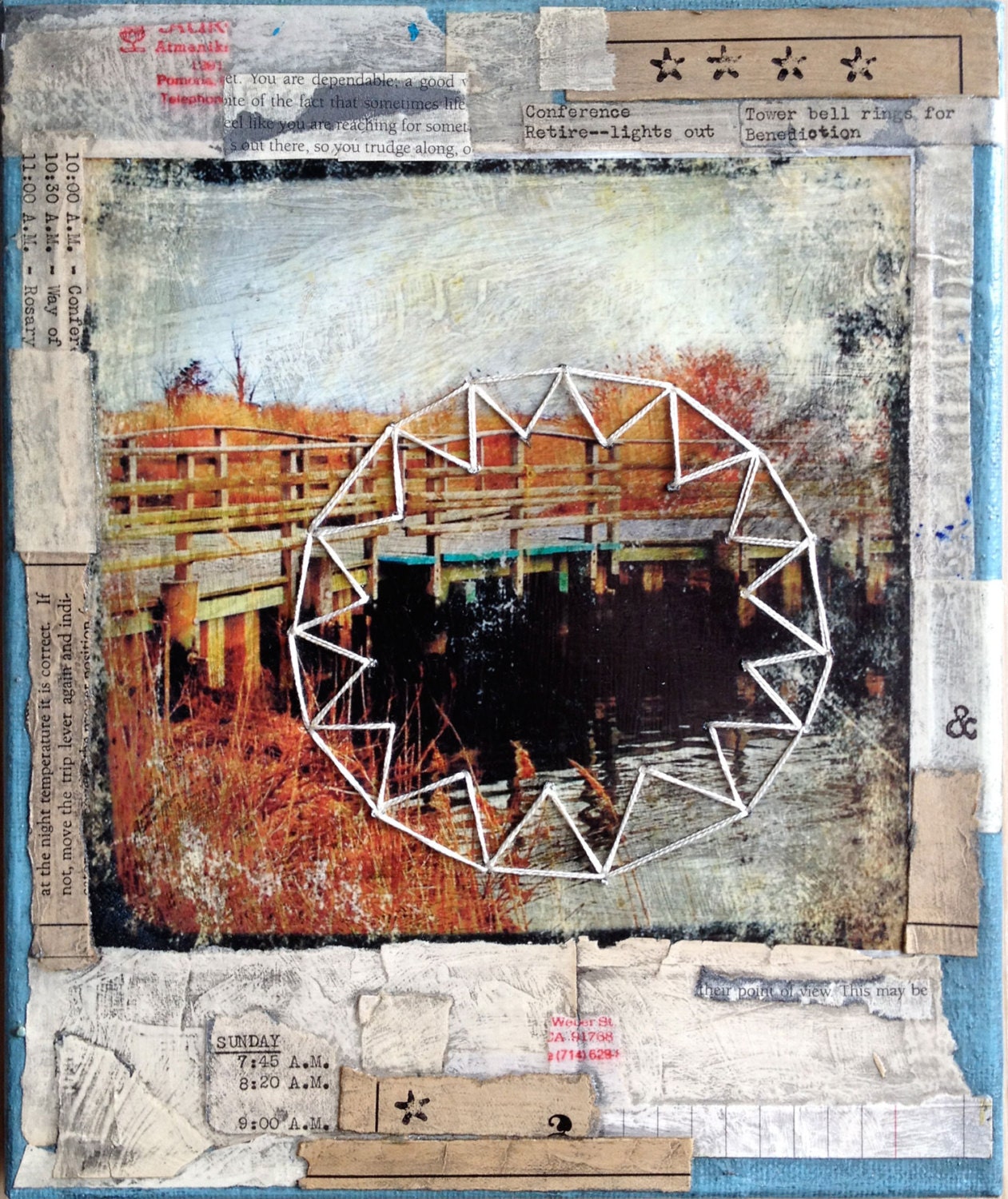 Wishing Bridge , Embroidered Altered Photo Mixed Media Collage