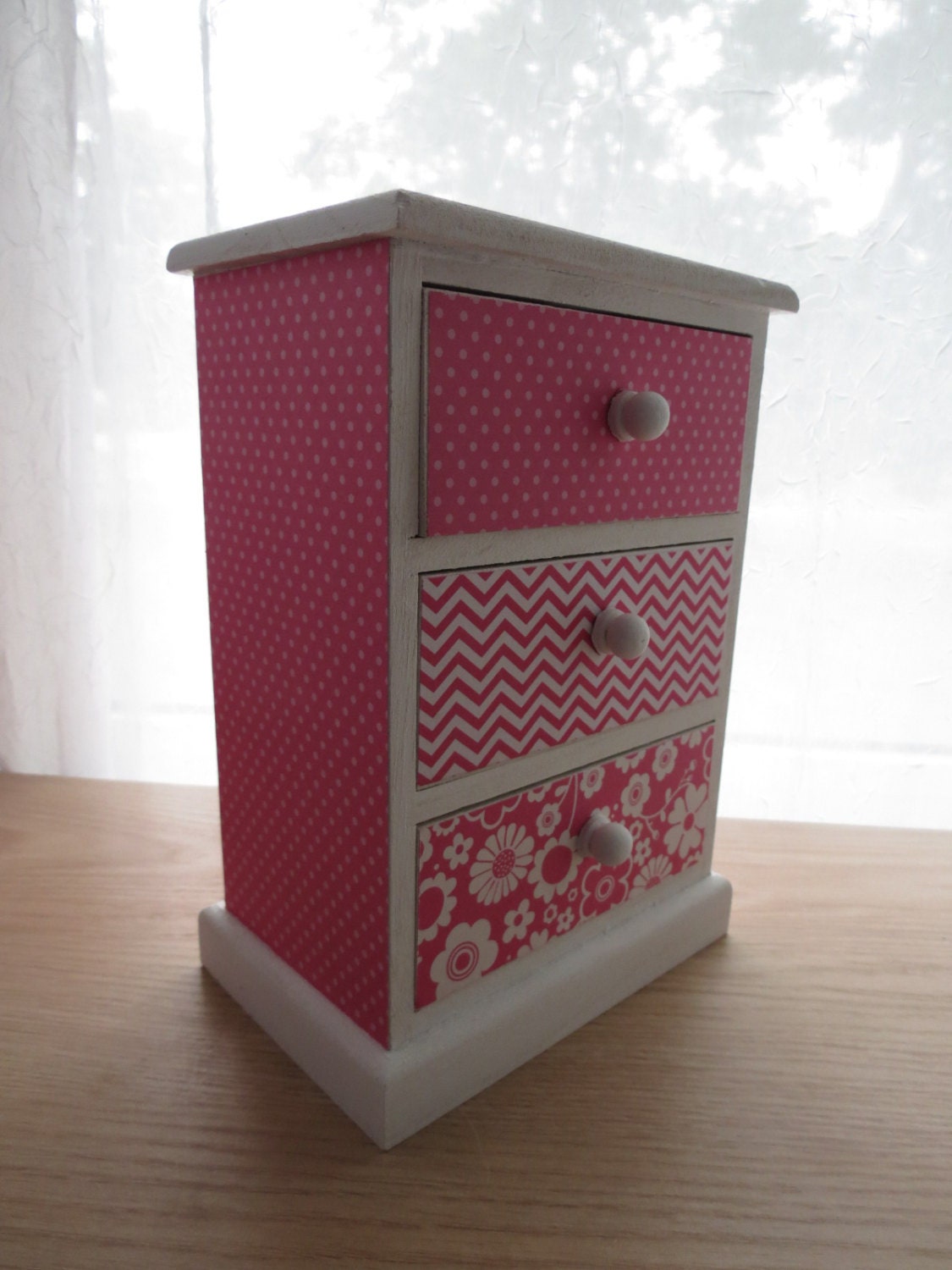 Wooden 3 Drawer Large Trinket Treasure Box - Monochromatic Bright Pink Patterns