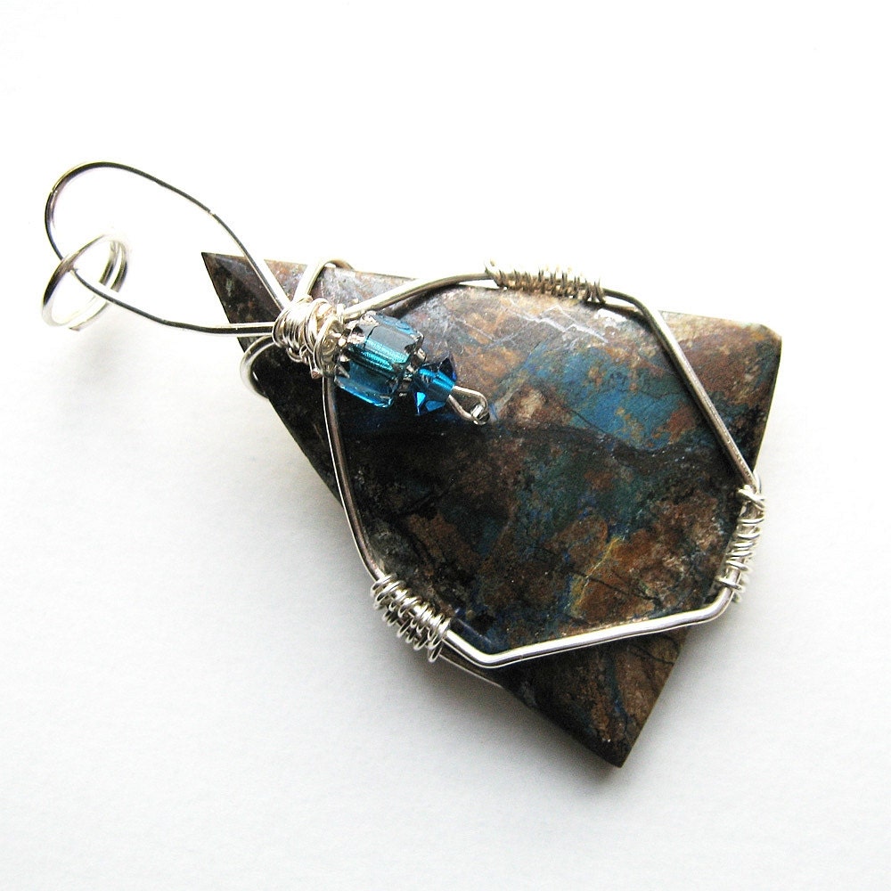 Wire Wrapped  Blue and Brown Stone Pendant