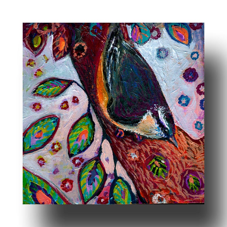 The NeverEnding Story No 101 (folk nuthatch) - ORIGINAL Painting on 6x6 Wood Block by JENLO