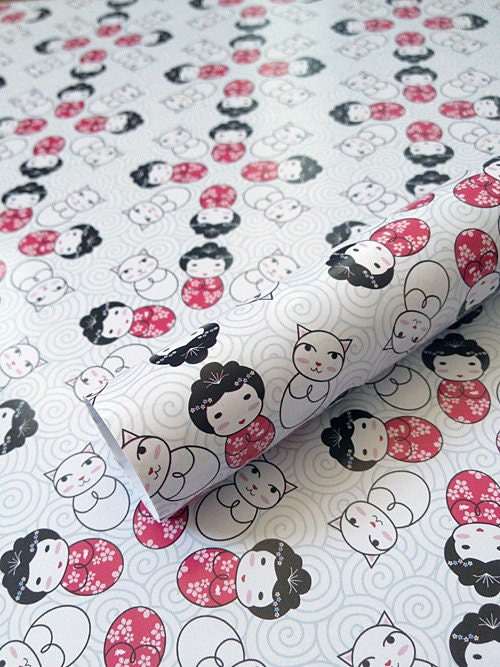 5 sheets of Gift Wrap - Kokeshi Flowers