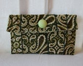 Small button clutch made from a necktie, green, gold, repurposed