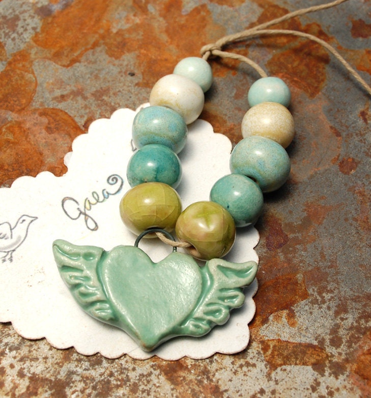 Love Is Blue / Love Tone Ceramic Free Love Winged Heart Charm and Bead Set
