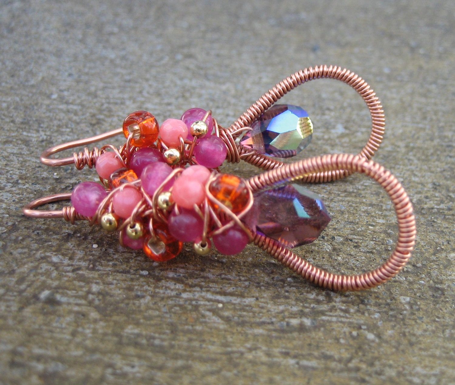 Copper Wire Wrapped Earrings Beaded Pink - AMYA - Costume jewelry by Sparklingtwi on Etsy