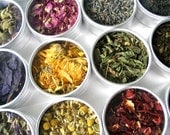 floral green tea kit in a brushed aluminum box - a beautiful gift for a tea lover.