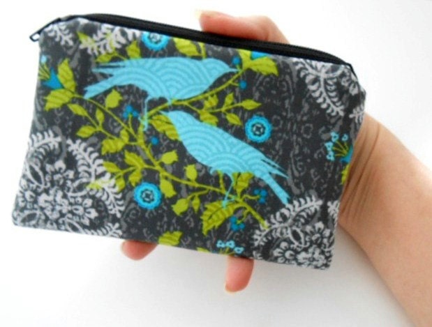 Bird Zipper pouch Little Coin Purse  ECO Friendly Padded Finch on Grey NEW