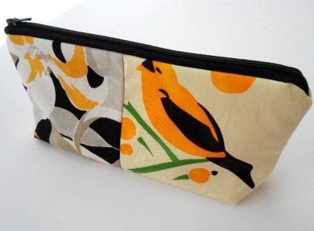 Bird OOAK Zipper Pouch Large Flat bottom Cosmetic Bag Pencil Case ECO Friendly  Padded