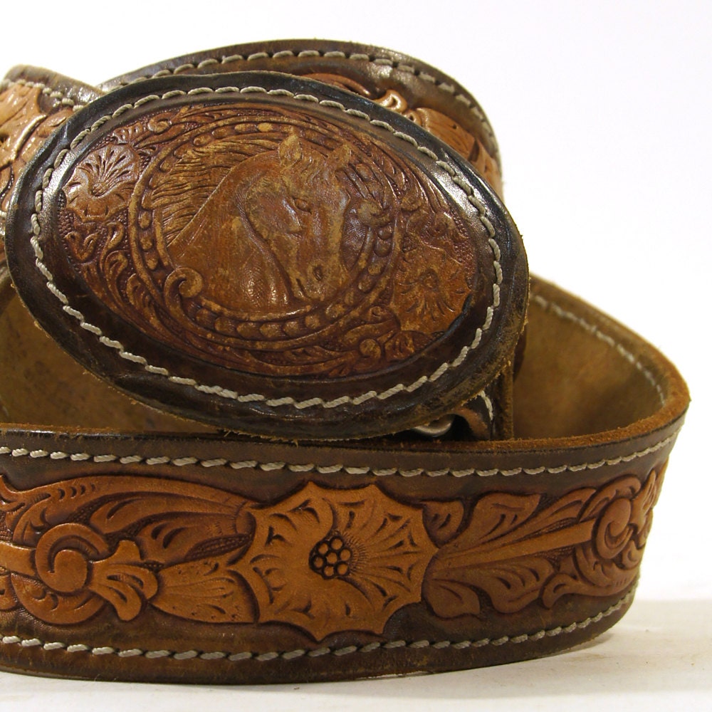 60s Tooled Leather Belt with Tooled Leather Horse Buckle