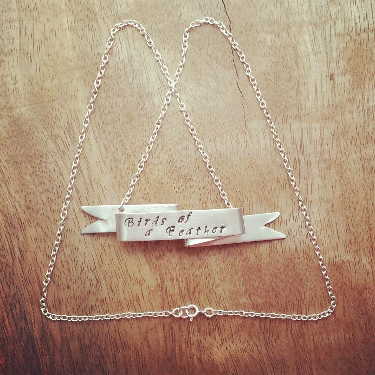 Personalized Jewelry Necklace, Ribbon Bow Banner Necklace, Custom Stamped, Silver