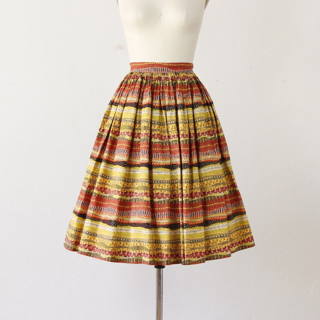 Vintage 1950's Cotton Printed Orange and Yellow Skirt - S