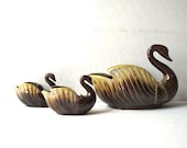Vintage Enesco Swans - 3 Pc Vase Candlesticks Set - Red Clay Pottery - Brown Drip