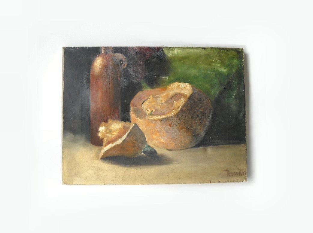 Antique Still Life Oil Painting -  Realistic Ginger Beer & Squash - Signed Purcell - Circa 1907
