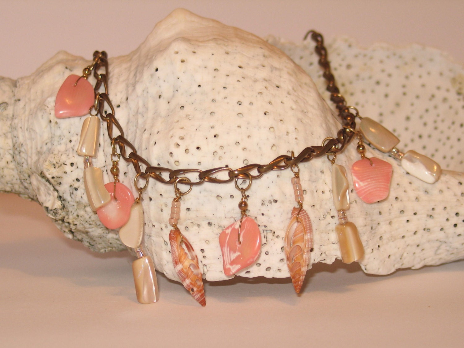 Coral Brass and Mother-of-Pearl Necklace