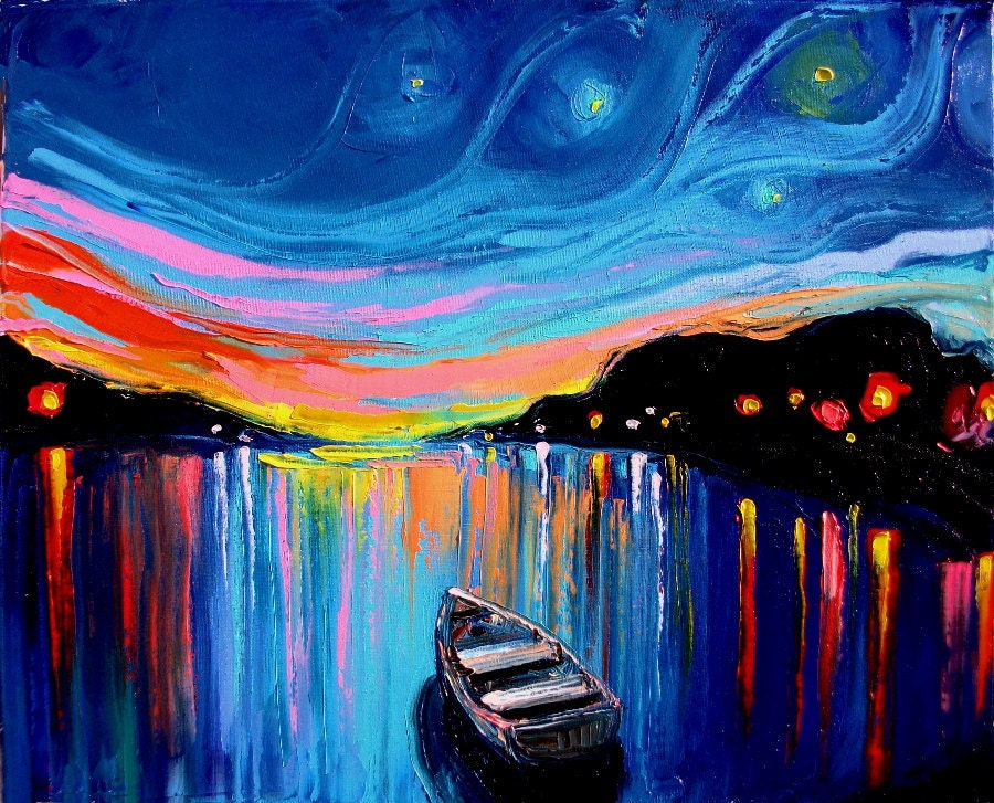 Landscape original oil painting by Aja Midnight Harbor 54 16x20