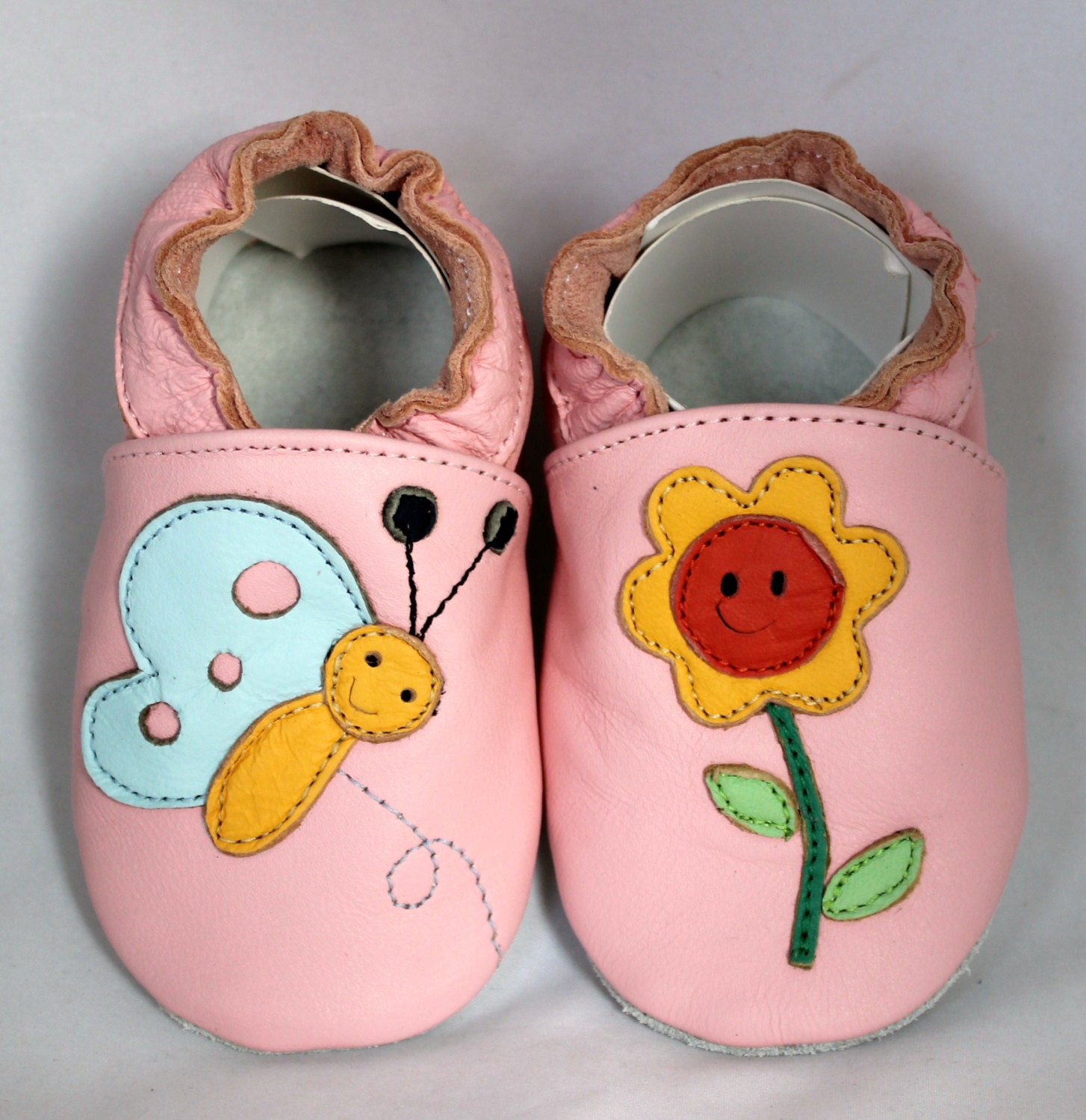 6-12 month Mini Toes soft sole leather BABY shoes pink flower and butterfly