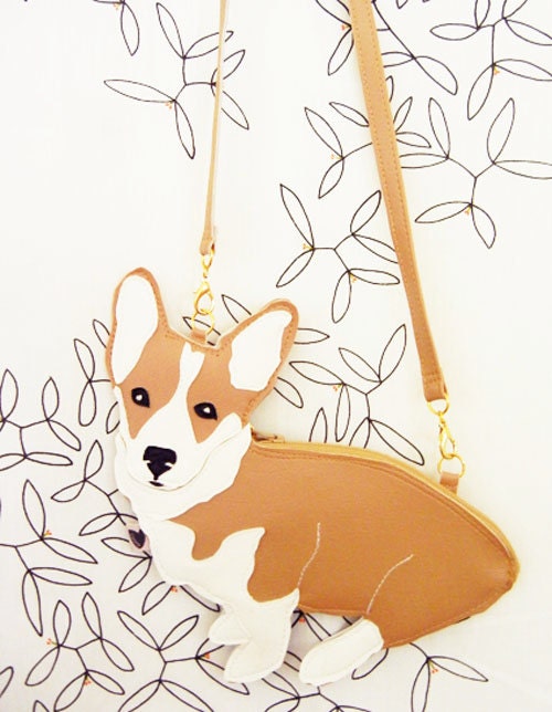 Jer Jer the Welsh Corgi Cute Vintage Inspired Brown Vinyl Side Strap Clutch Purse Bag