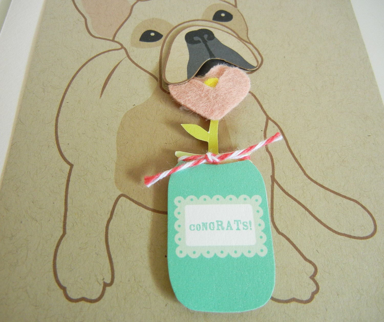 Nuri the French Bulldog Congratulations Felt Pink Flower Blank Note Card with Envelope