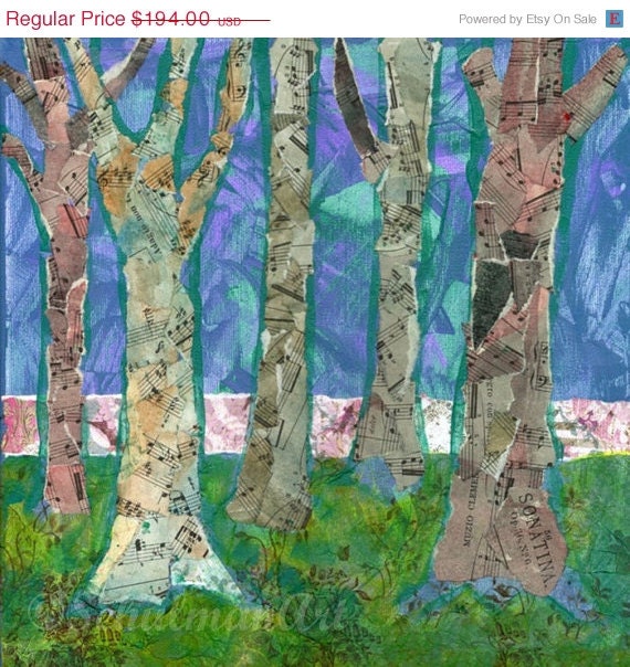 abstract TREE Wall art, 12x12" teal blue violet purple music lime green mixed media collage canvas painting bright chartreuse modern decor
