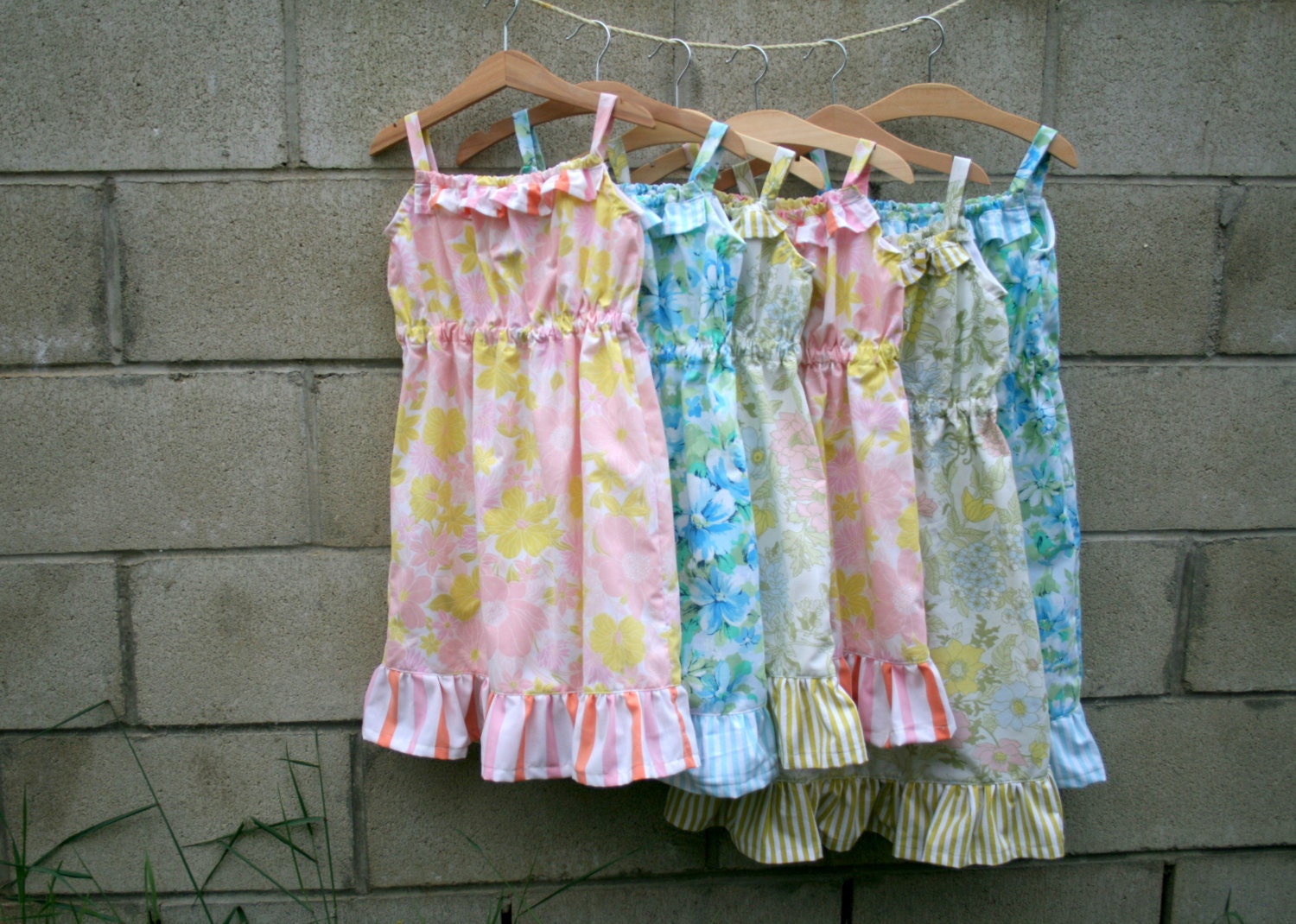 Sundress, Blue Pastel Vintage Floral with Stripes, Girl Size 6