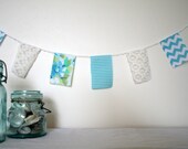 Aqua Blue Party Garland, Flags with Vintage and Lace Fabrics