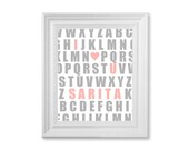 Pink and Grey Custom I Heart U Name Alphabet Poster 11x14 - Personalized ABC Nursery Art Print - Typography for Kids