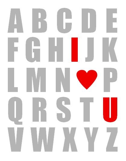 Nursery Art Print, Alphabet With I Heart U - ANY COLOR SCHEME - or Aqua and Gray 11 x 14
