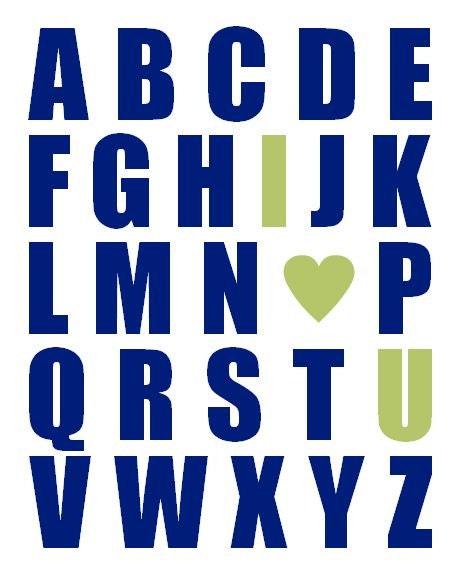 Nursery Art Print, Alphabet With I Heart U - ANY COLOR SCHEME - or Aqua and Gray 11 x 14