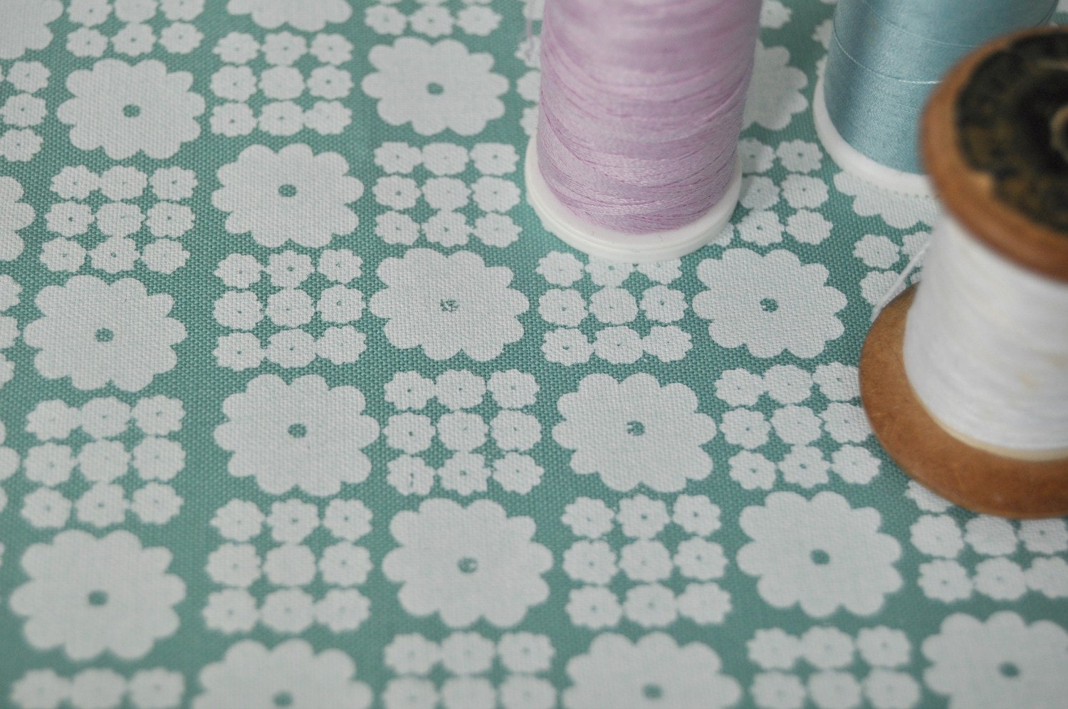 white on sage Flower Grid screen printed fabric