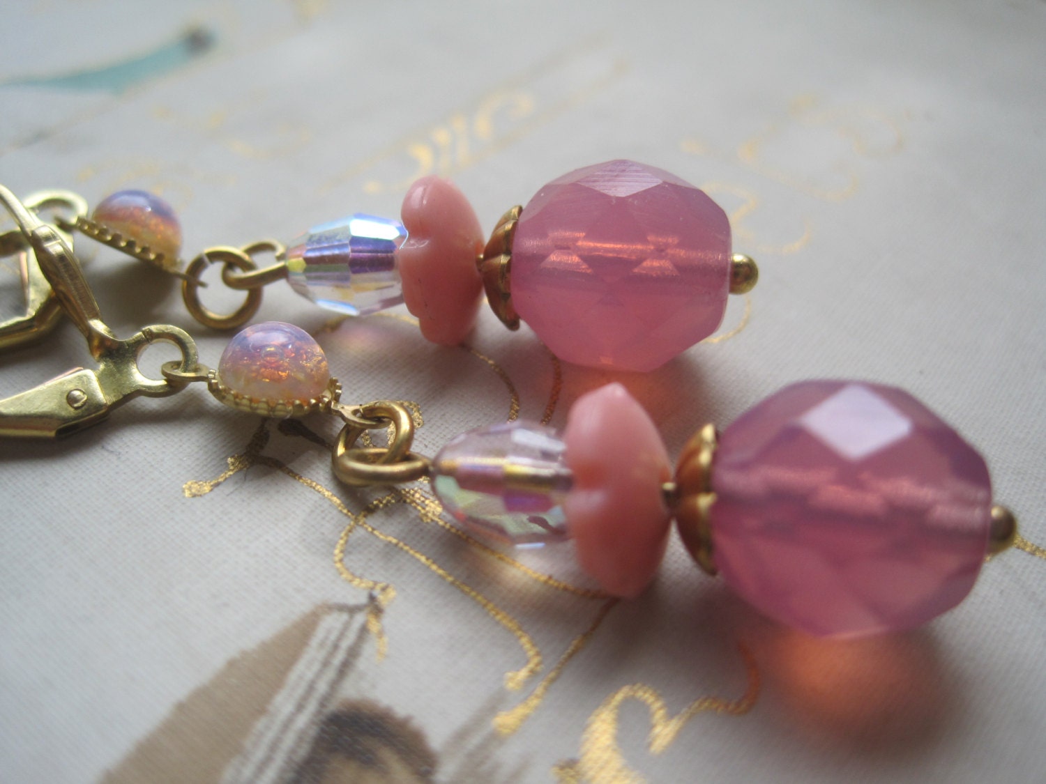 french, pink vintage assemblage earrings. Inspiration.