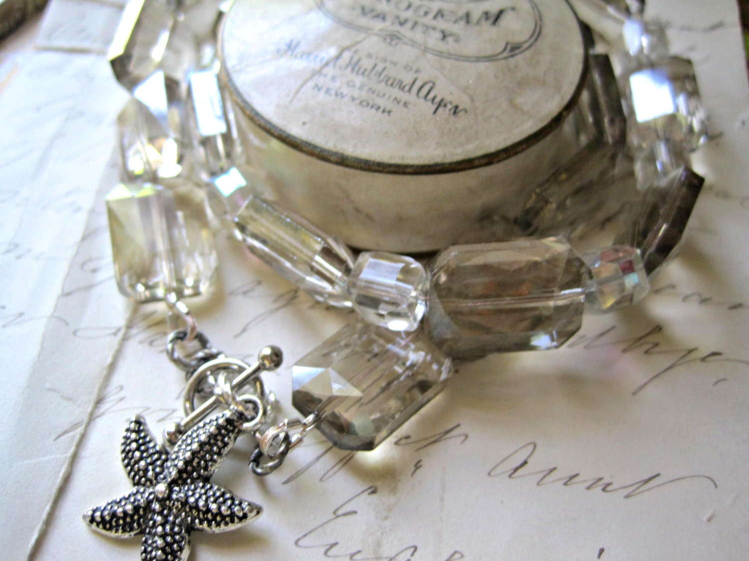 By the Sea. pale grey crystal starfish charm necklace.        Gift from the Sea Series