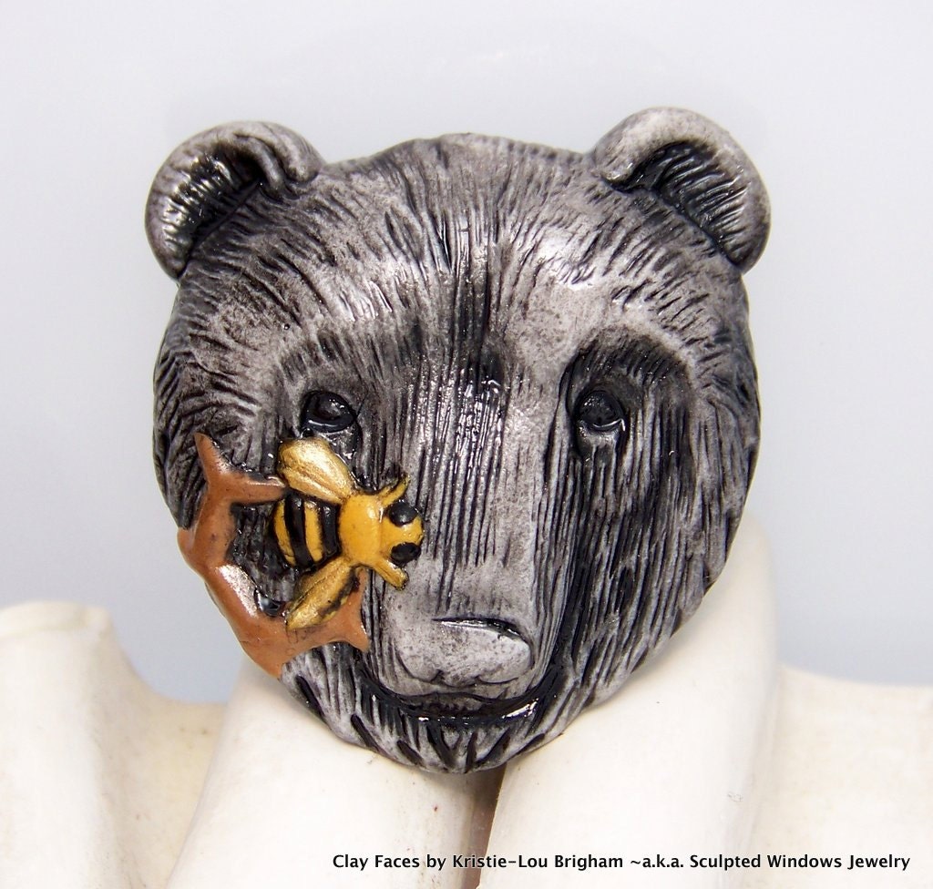 Black Bear and Honey Bee Friend Head FACE CAB hand painted Polymer Clay
