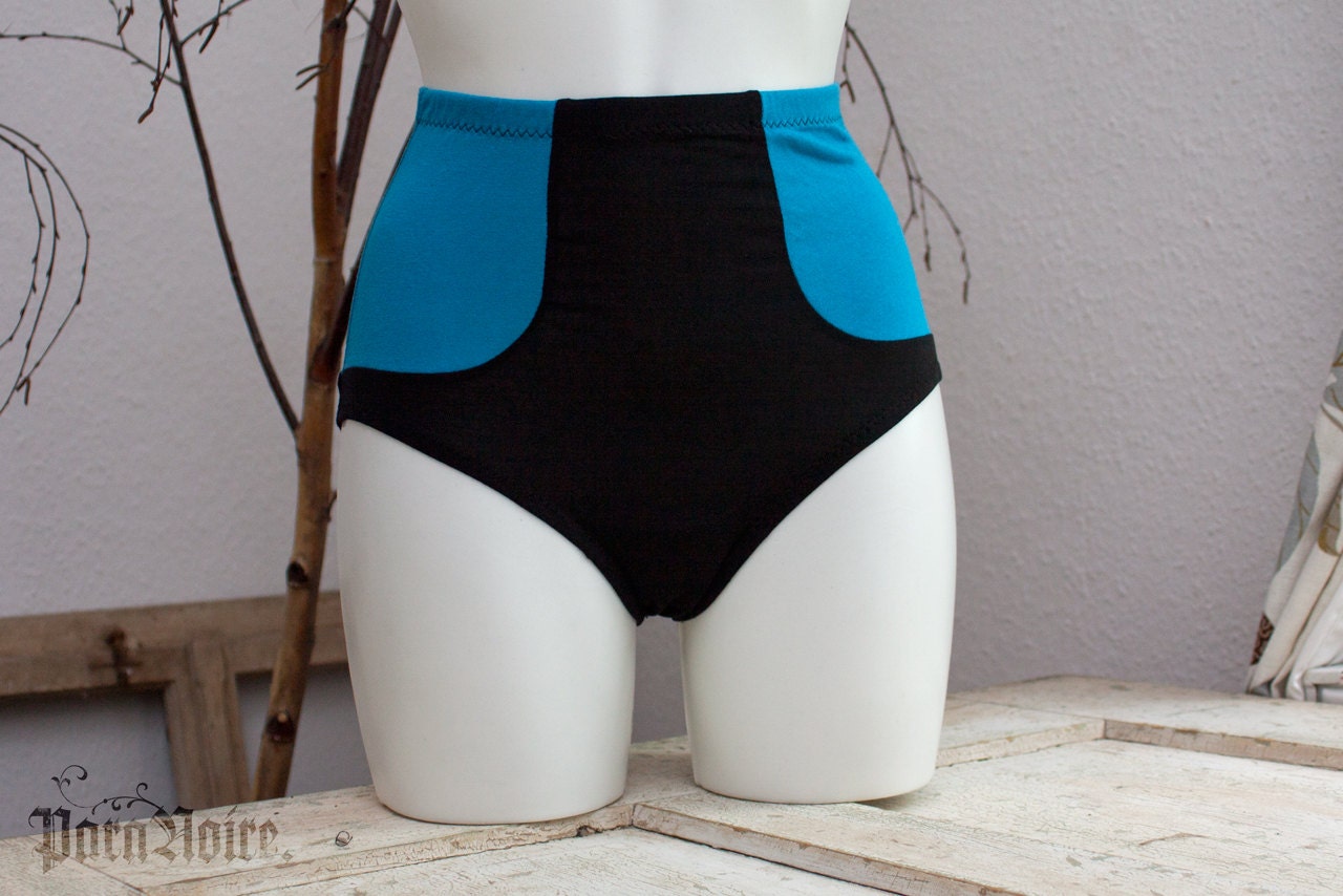 sexy high-waist color blocked panties - black & turquoise cotton jersey - size 90 (small)