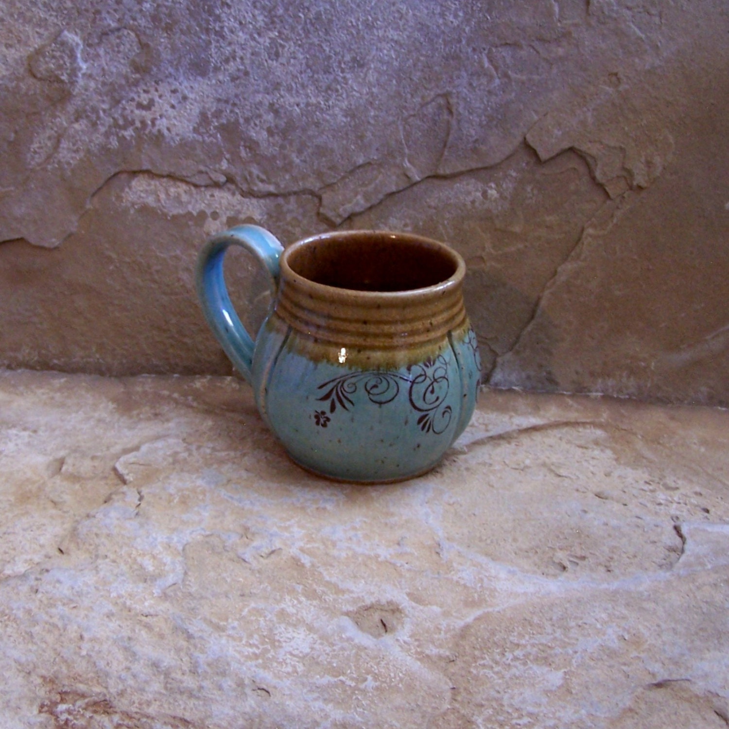 Blue Celadon and Amber Handmade Stoneware Ceramic Pottery Wee Mug Cup - Vine
