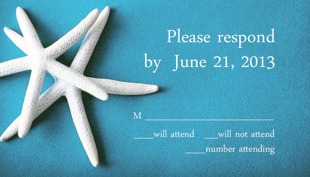 150 Please Respond RSVP cards - WHITE STARFISH on malibu Blue