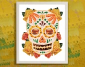Dia De Los Muertos Hamburger and Bacon Skull print of an original collage for  Day of the Dead