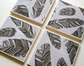 Black Feathers Earth Coasters - Set of Four - Summer, feathers, black gray, beverage, ceramic, garden, nature, entertaining, hostess gift
