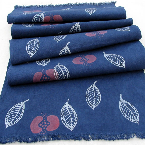Table runner cloth - Autumn's Promise in indigo blue - textile art organic cotton hemp