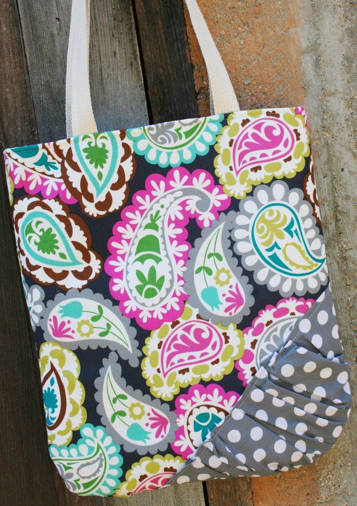 Gray Paisley and Polka Dot Tote Bag
