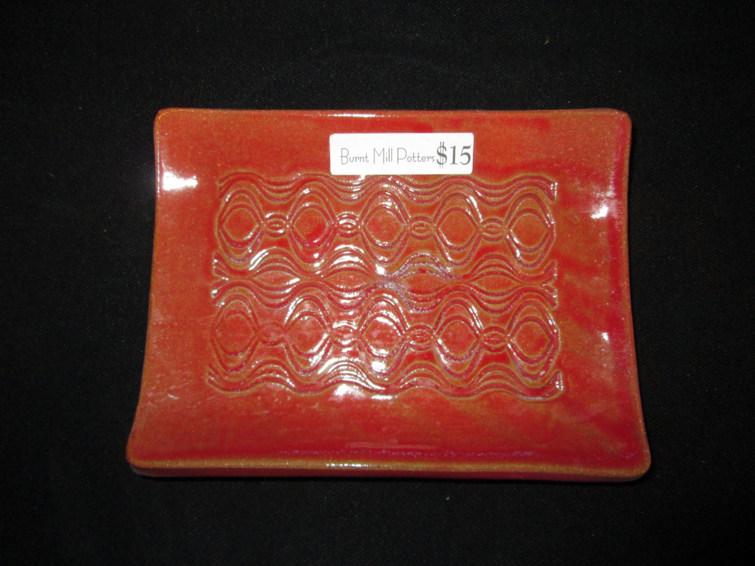 rectangular dish in glossy red, soap, jewelry, stoneware, pottery, dishwasher safe