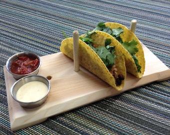 Taco Plank- 4 piece set cedar serving plate with stainless steel  cups