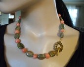 Handmade polymer clay pink nuggets and unakite stone beaded necklace with hummingbird toggle