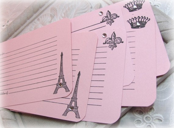 Paris Recipe Card Set No.1. Light Pink Handmade Recipe Cards. Set of 24. Dinner in Paris No. 1. Eiffel Tower, Fleur de Lis, Crown