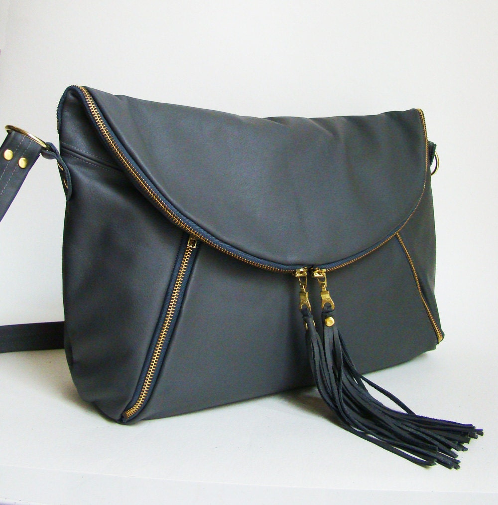 Graphite Gray Leather XL Fold Over Day Traveler/ Overnight/ Weekend bag, ready to ship