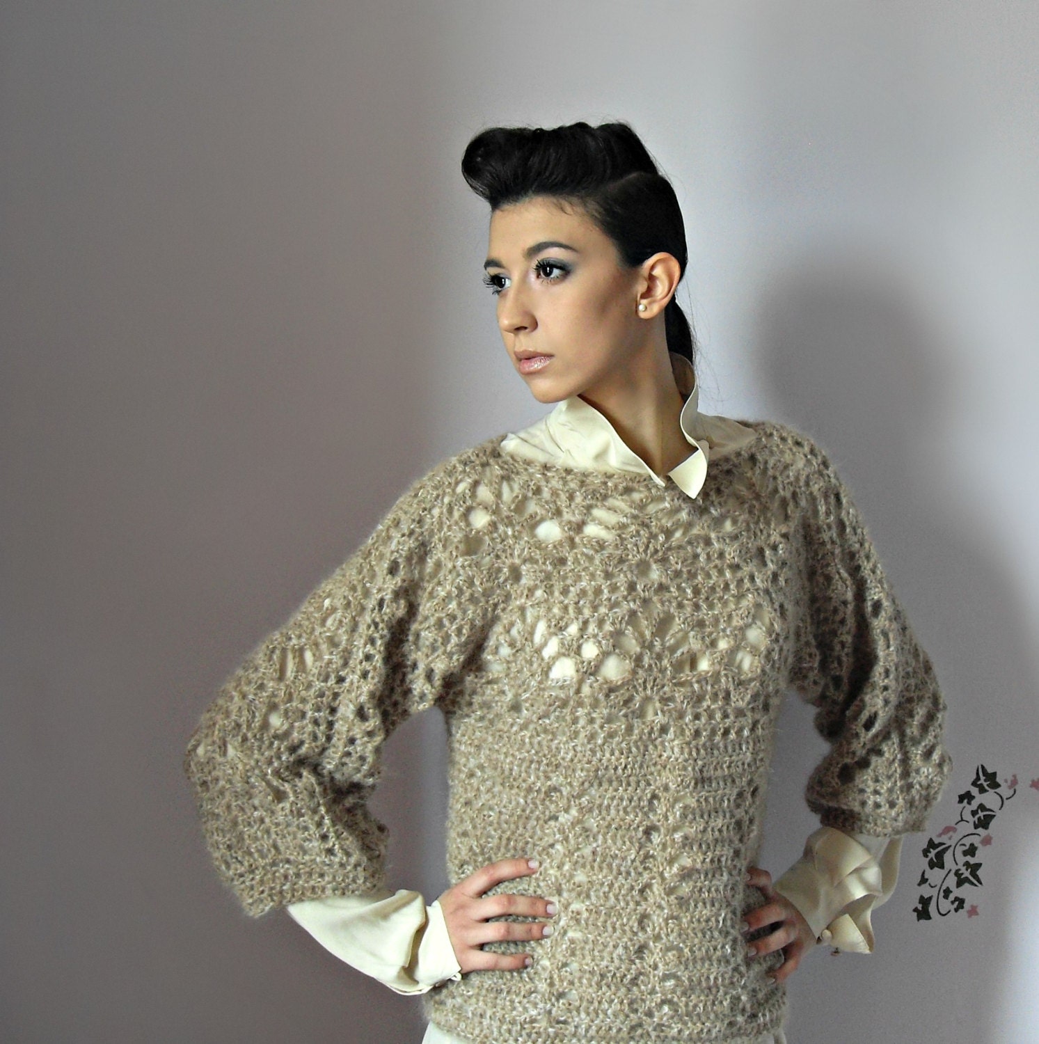 HandCrochet Lacy Sweater, Jumper, Pullover - Long Sleeves - Cream, Beige, Brown, Honey - Italian Kind Mohair - Luxury - Size M