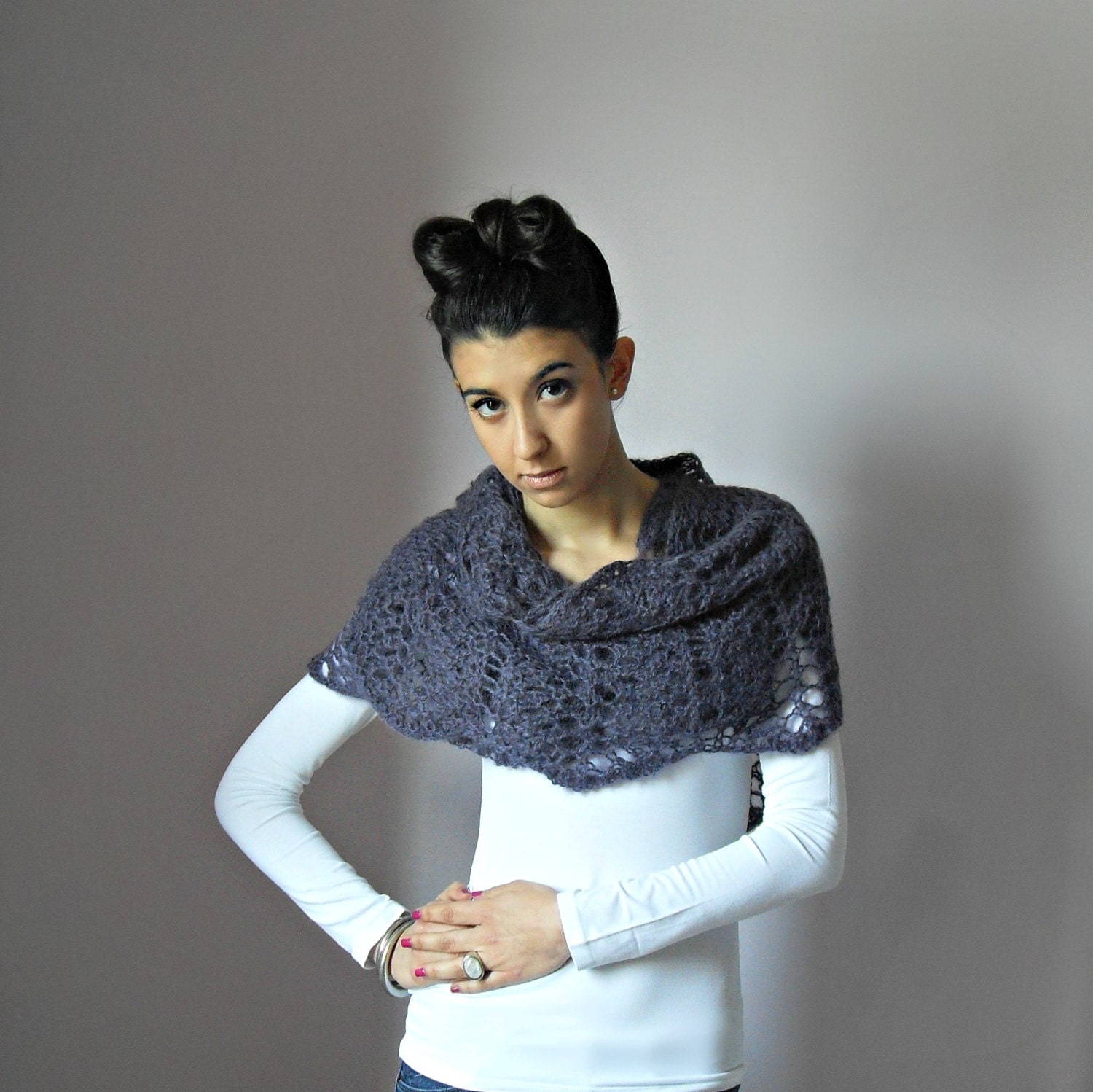 Handknitted Scarf Shawl Wrap Stole - Mauve - Handmade - Italian kid mohair - super Soft