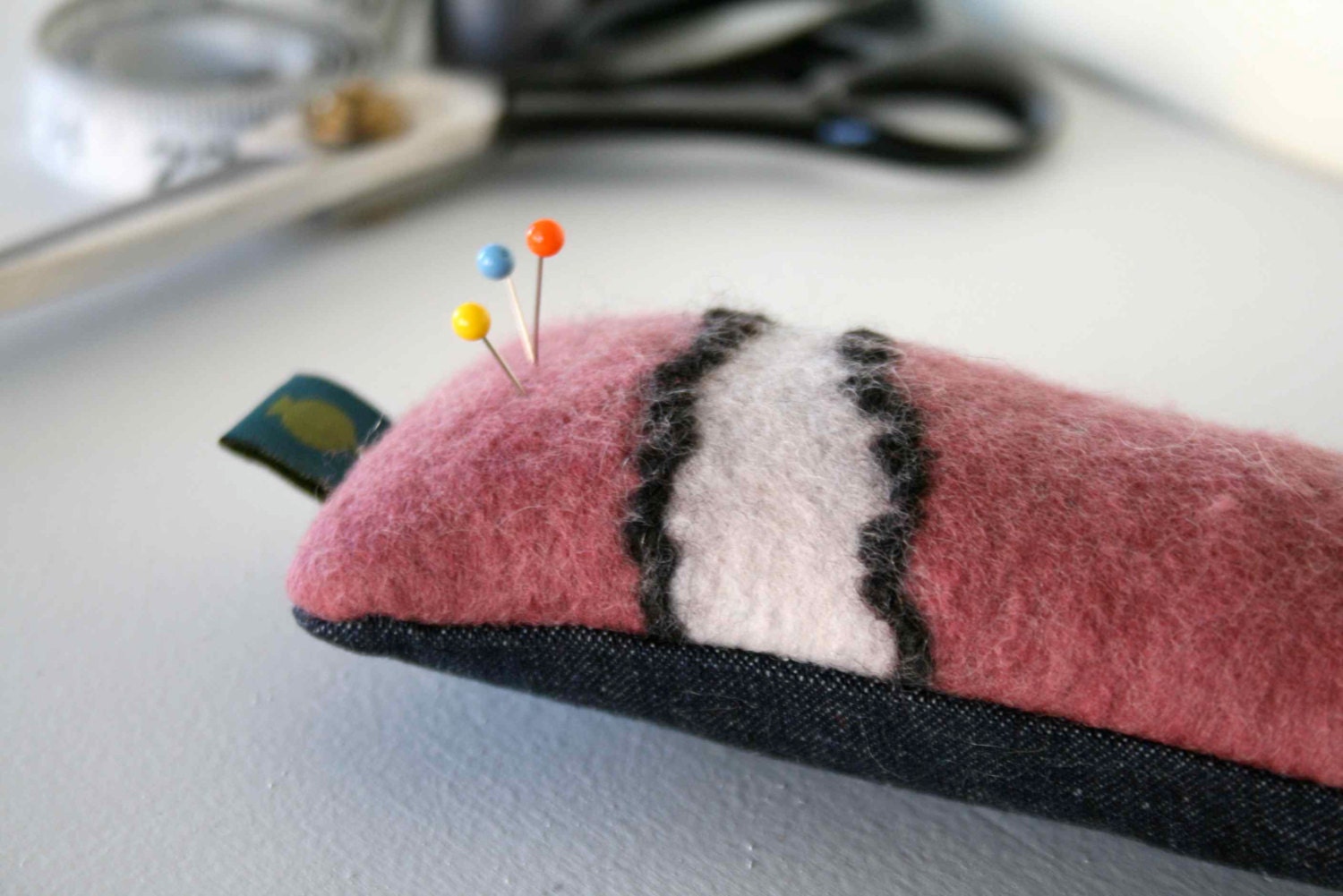Pincushion - Hand Felted Merino Wool - Dusty Pink, Grey/Cream and Charcoal Lines