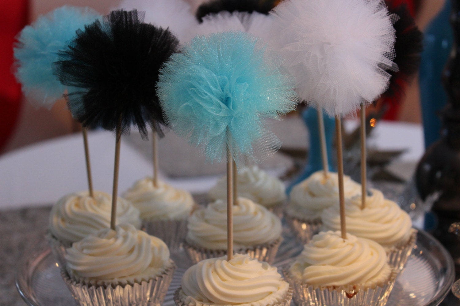 Whimsy Wendy "Breakfast At Tiffany's" Teal White and Black Puff Mini Cupcake and Cake Toppers