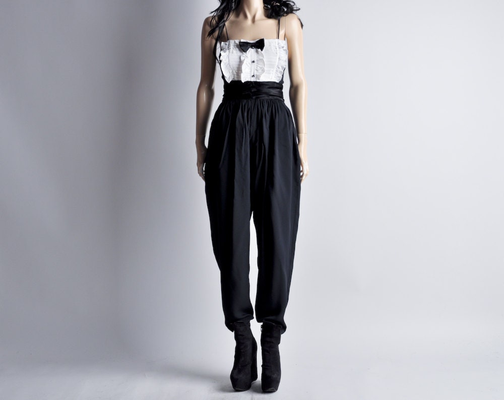 RESERVED. black and white TUXEDO ruffle BOWTIE harem pant jumpsuit / xs / s