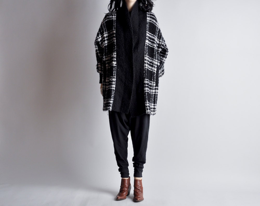 oversized curly knit plaid print oversized cardigan sweater jacket / s / m