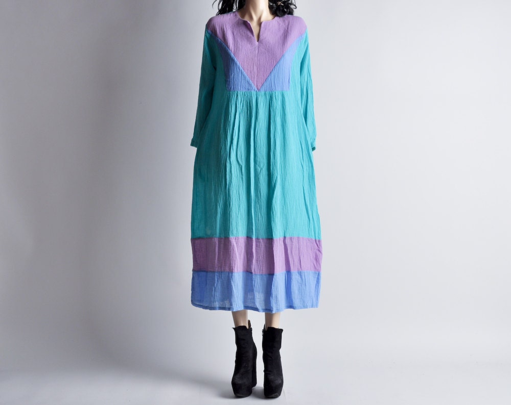 80s pastel colorblock gauze hippie boho maxi dress / s / m